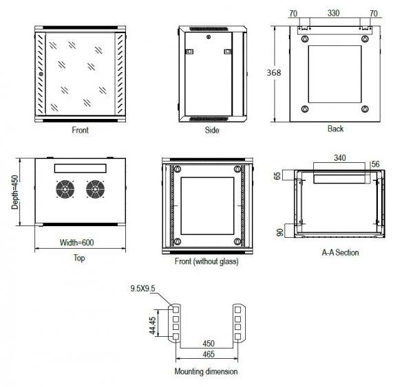 Racková skriňa 19'' 6U (600x450mm - závesná - šedá - presklené dvere)